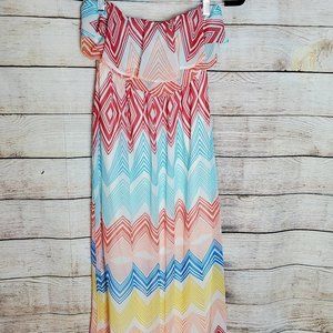 Strapless Colorful Flowy Geometric Maxi Dress